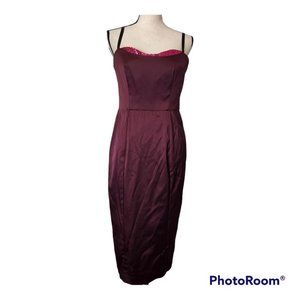 Milly Abigale Sequin-Trim Satin Midi Dress BNWT sz 6 burgandy / fuchsia